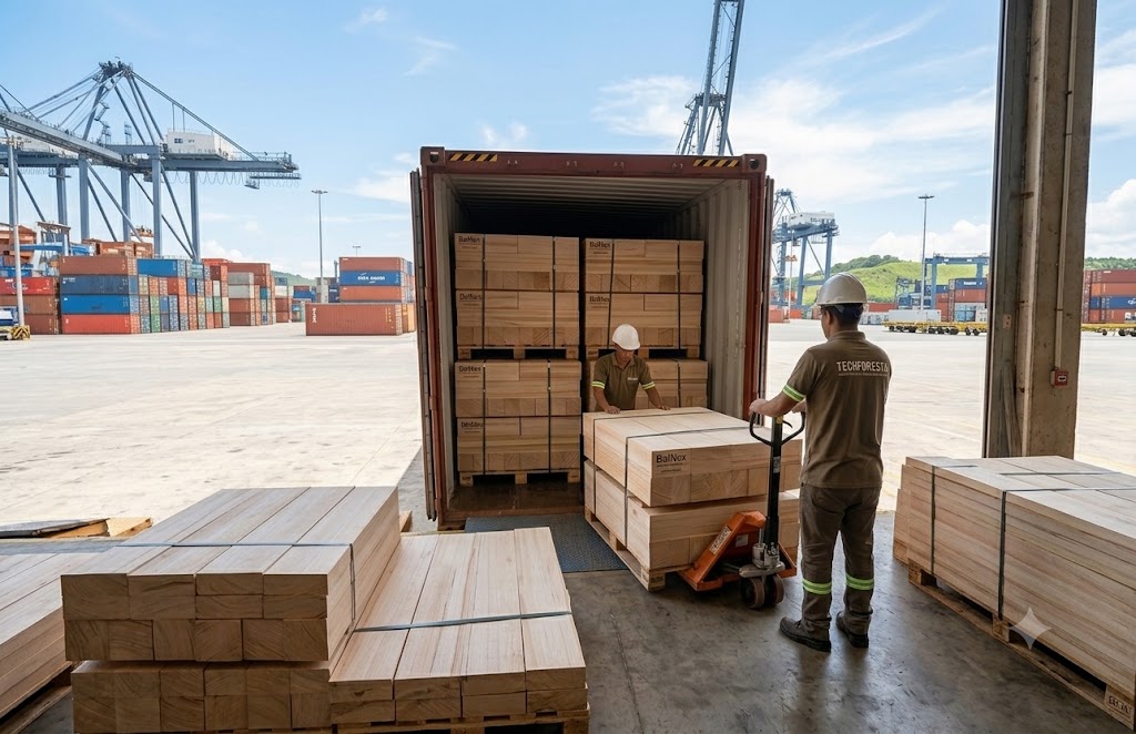 Carga de bloques de balsa BalNex en contenedor para exportación desde Ecuador