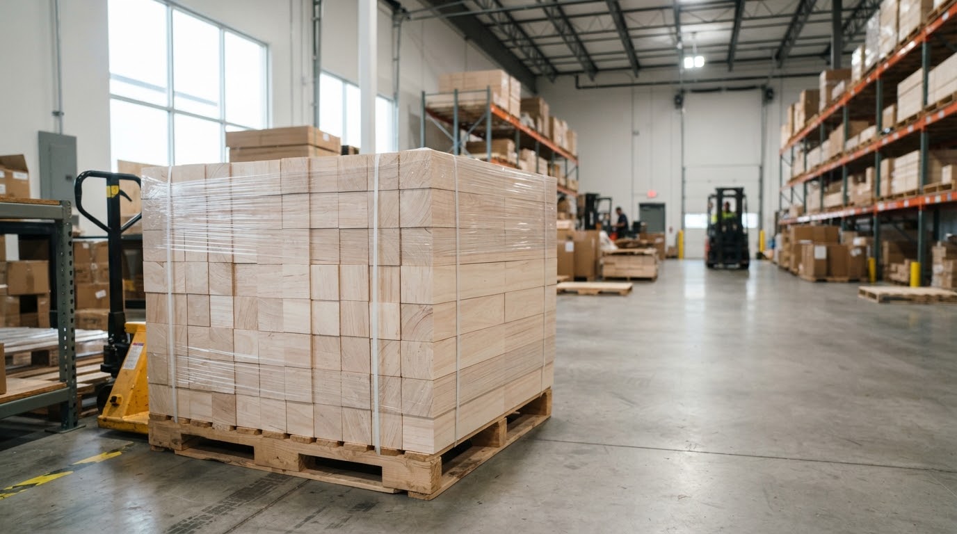 Pallet de bloques encolados de balsa BalNex envuelto y listo para despacho en planta de Tecnoforesta
