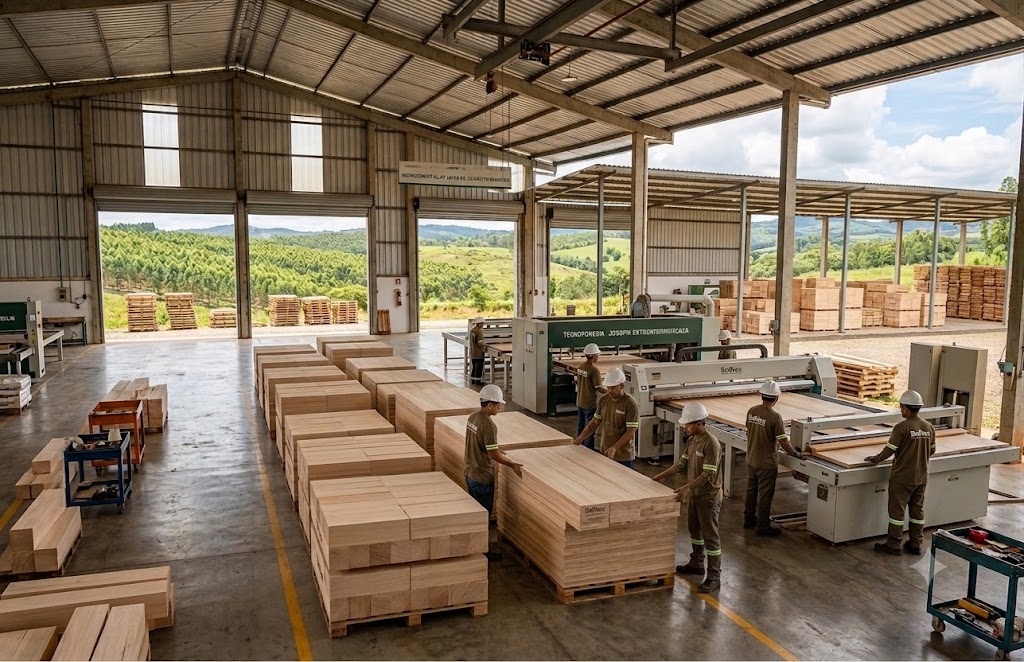Operarios de Tecnoforesta manipulando bloques encolados de balsa en la nave de producción